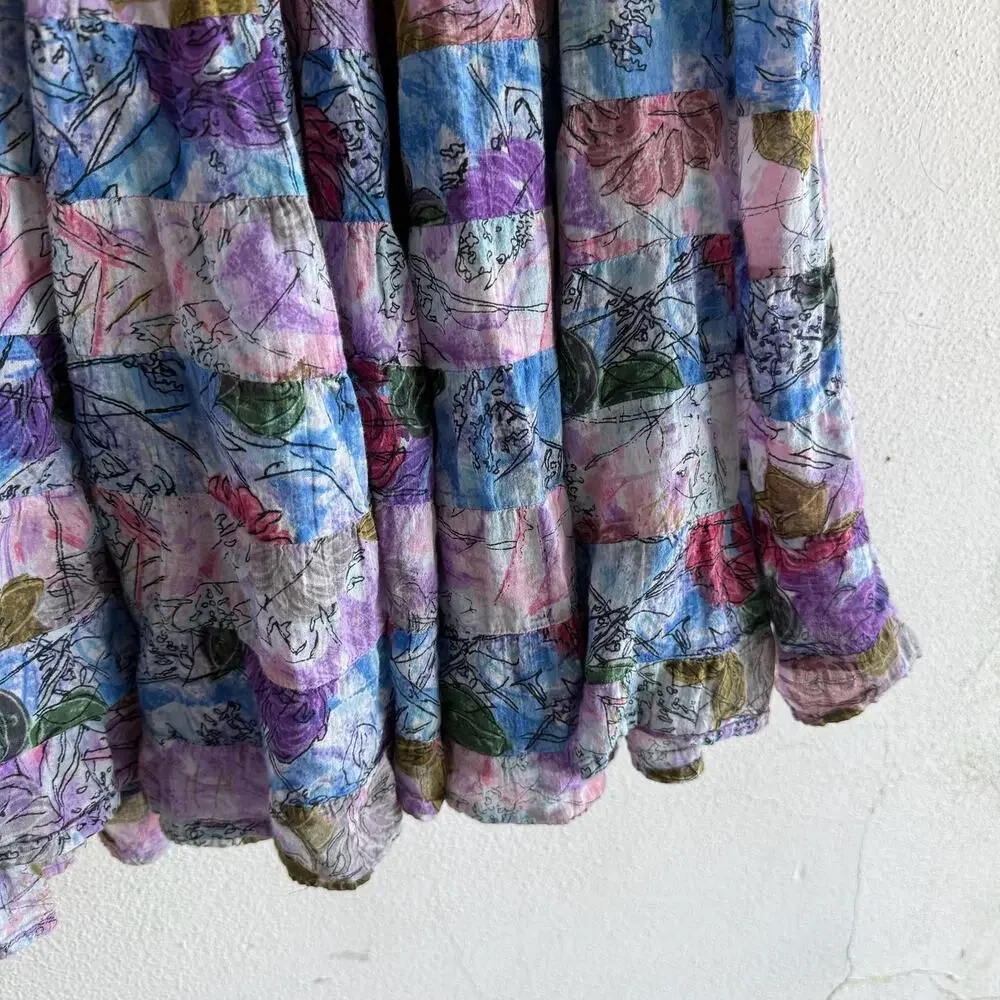 Boho Maxi Skirt Vintage Patchwork Crinkle Cotton Festival Tiered Midi‎ One Size - Picture 3 of 5